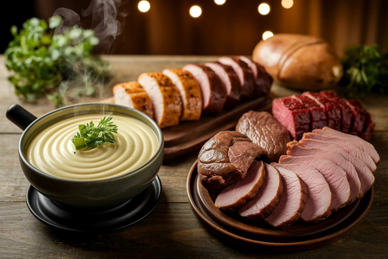 table-rustique-fondue-poireaux-viandes